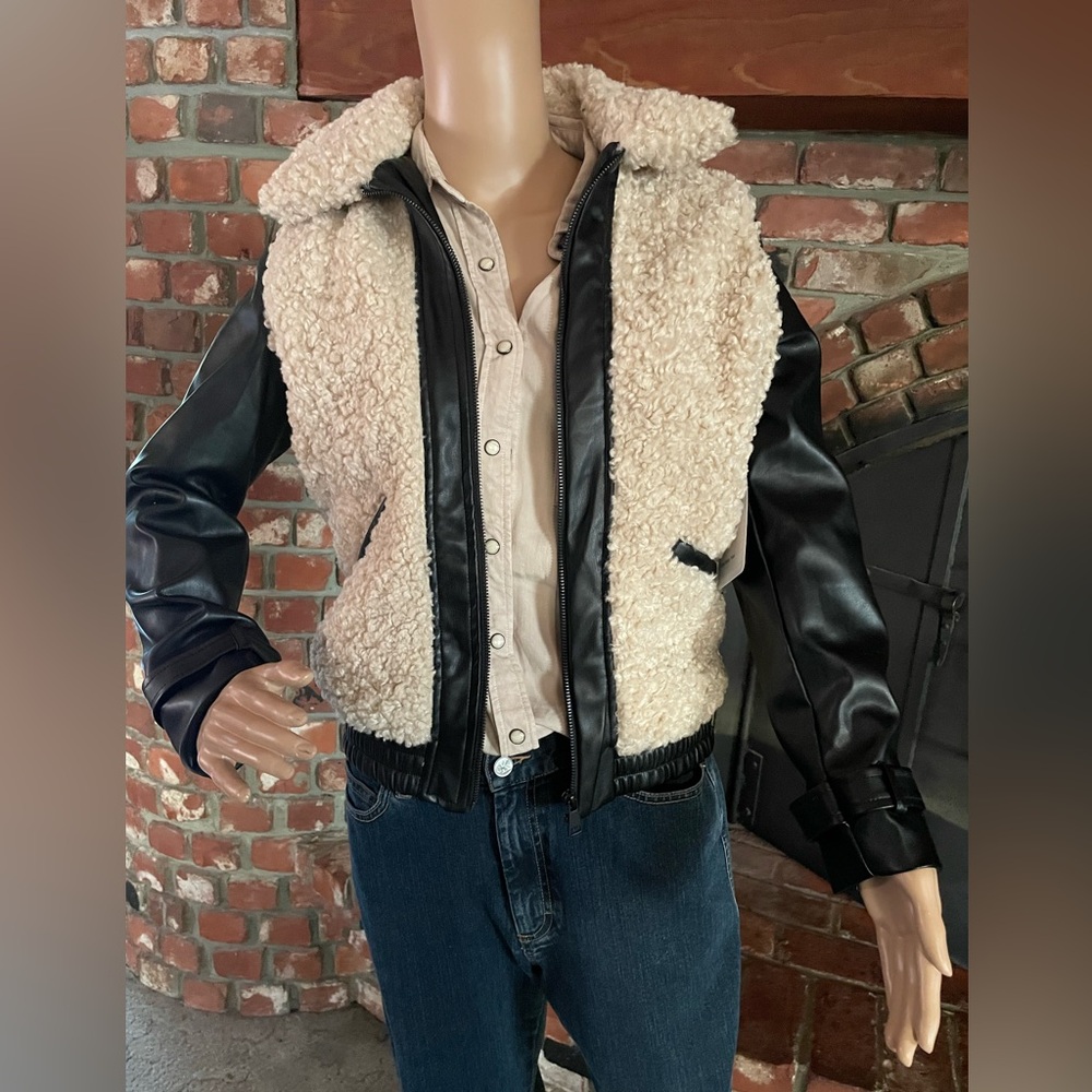 Vegan Black leather and cream teddy bomber jacket